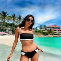 magnifique femme dans bikini et des lunettes de soleil sur le plage. ai génératif photo