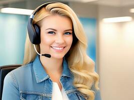 portrait de magnifique souriant client un service représentant avec casque dans appel centre. ai génératif photo