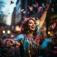 vibrant flotteurs et interprètes parade par le des rues à mardi gras photo