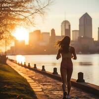 femme le jogging avec ville horizon dans le distance photo