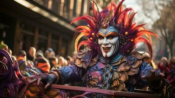 vibrant flotteurs et interprètes parade par le des rues à mardi gras photo