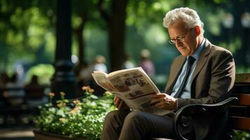 homme en train de lire journal sur une parc banc photo