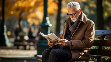 homme en train de lire journal sur une parc banc photo