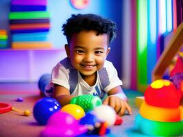 portrait de une mignonne Afro-américain garçon en jouant avec jouets dans le chambre. ai génératif photo