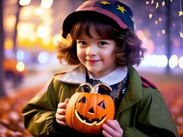 mignonne peu fille avec une citrouille bonbons seau dans Halloween nuit. ai génératif photo