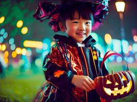 mignonne peu garçon dans Halloween costume en portant citrouille bonbons seau. ai génératif photo