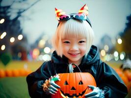 adorable peu fille dans Halloween costume avec citrouille bonbons seau. ai génératif photo