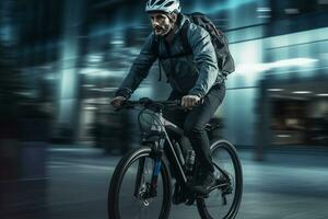 homme équitation vélo sur ville rue dans se ruer heure photo