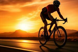 une homme équitation une vélo sur une route à le coucher du soleil photo