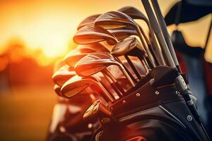 une le golf sac avec le golf clubs sur un ouvert champ à le coucher du soleil photo