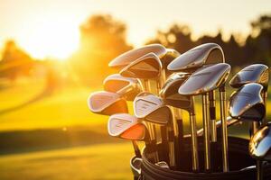 une le golf sac avec le golf clubs sur un ouvert champ à le coucher du soleil photo