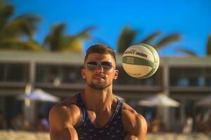 Masculin plage volley-ball joueurs jouer une volley-ball rencontre sur le plage photo