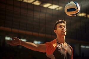 Masculin volley-ball joueurs sont en compétition sur le intérieur volley-ball tribunal photo