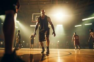 Masculin basketball joueur en jouant basketball dans une bondé intérieur basketball tribunal photo