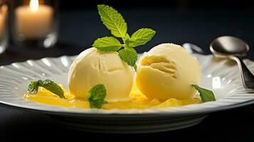 photo de citron sorbet comme une plat dans une haut de gamme restaurant. génératif ai