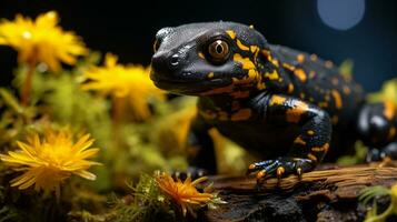 fermer photo de une salamandre à la recherche dans leur habitat. génératif ai