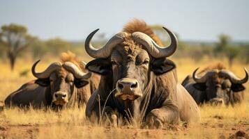 photo de une troupeau de bison repos dans un ouvert zone sur le savane. génératif ai