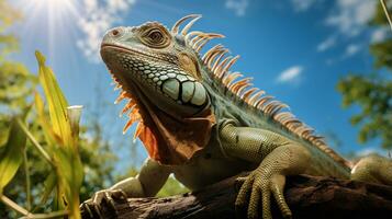 photo de iguane dans là forêt avec bleu ciel. génératif ai