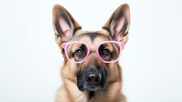 photo de une allemand berger chien en utilisant lunettes isolé sur blanc Contexte. génératif ai