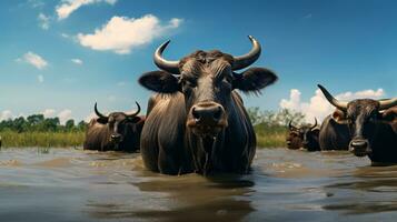 photo de une l'eau buffle dans le les terres agricoles. génératif ai