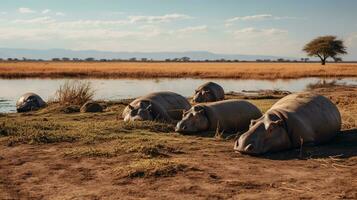 photo de une troupeau de hippopotame repos dans un ouvert zone sur le savane. génératif ai