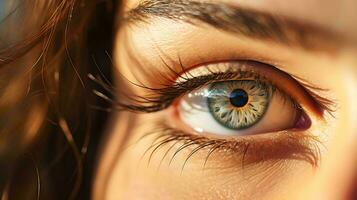 une proche en haut de une femme œil avec une bleu œil ai génératif photo