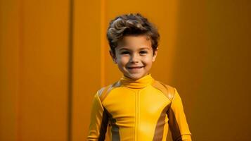 une peu garçon dans une Jaune super-héros costume ai génératif photo