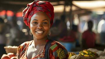 une femme est souriant tandis que en portant une panier de des légumes ai génératif photo