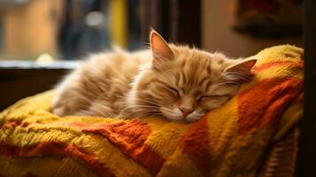 un Orange chat en train de dormir sur une Jaune couverture ai génératif photo