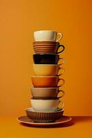 café tasses avec frappant motifs empilés haute Contexte avec vide espace pour texte photo