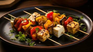 photo de Tofu et végétarien brochettes comme une plat dans une haut de gamme restaurant. génératif ai