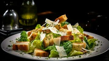 photo de classique César salade comme une plat dans une haut de gamme restaurant. génératif ai