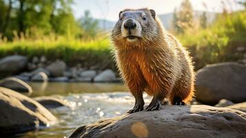 fermer photo de une marmotte à la recherche dans leur habitat. génératif ai