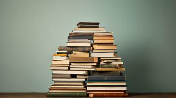 pile de livres sur foncé mur Contexte. retour à école concept. génératif ai photo