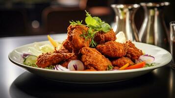 photo de frit poulet comme une plat dans une haut de gamme restaurant. génératif ai