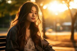 un magnifique asiatique femme est assis sur une parc banc dans le en retard après midi photo