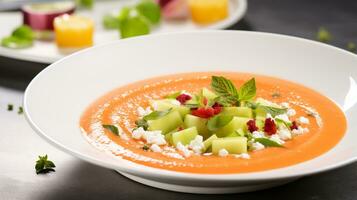 photo de melon Gaspacho comme une plat dans une haut de gamme restaurant. génératif ai