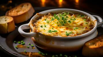 photo de français oignon soupe comme une plat dans une haut de gamme restaurant. génératif ai