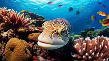 photo de anguille avec divers poisson entre en bonne santé corail récifs dans le bleu océan. génératif ai