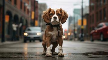 photo de une chien permanent sur le rue dans centre ville. génératif ai