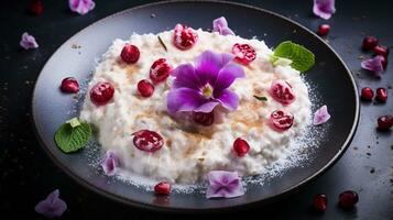 photo de Rose l'eau riz pudding - ros bel laban comme une plat dans une haut de gamme restaurant. génératif ai