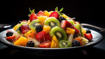 photo de tropical fruit salade avec miel-lime pansement comme une plat dans une haut de gamme restaurant. génératif ai