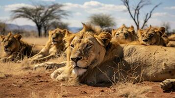 photo de une troupeau de Lion repos dans un ouvert zone sur le savane. génératif ai
