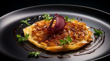photo de caramélisé oignon Tarte comme une plat dans une haut de gamme restaurant. génératif ai
