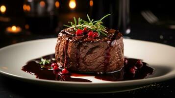 photo de du boeuf filet avec rouge du vin sauce comme une plat dans une haut de gamme restaurant. génératif ai