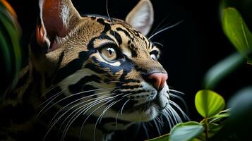 fermer photo de une ocelot à la recherche tout direction sur jungle. génératif ai