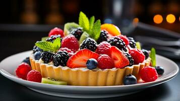 photo de Frais fruit Tarte comme une plat dans une haut de gamme restaurant. génératif ai