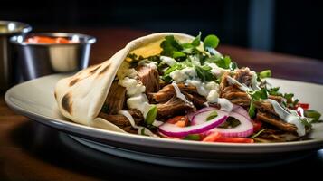 photo de grec gyro comme une plat dans une haut de gamme restaurant. génératif ai