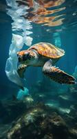 Plastique pollution. une mer tortue luttes avec une Plastique sac photo