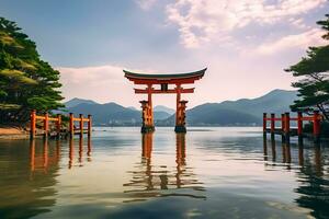 le célèbre flottant torii porte dans Japon. ai généré photo